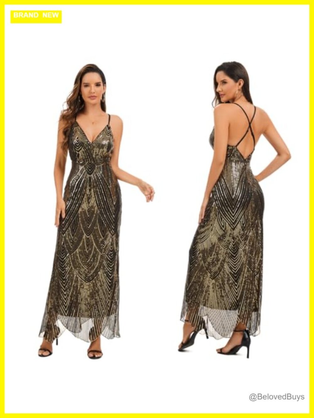 V Neck Spaghetti Strap Sequin Mermaid Maxi Prom Dress Backless